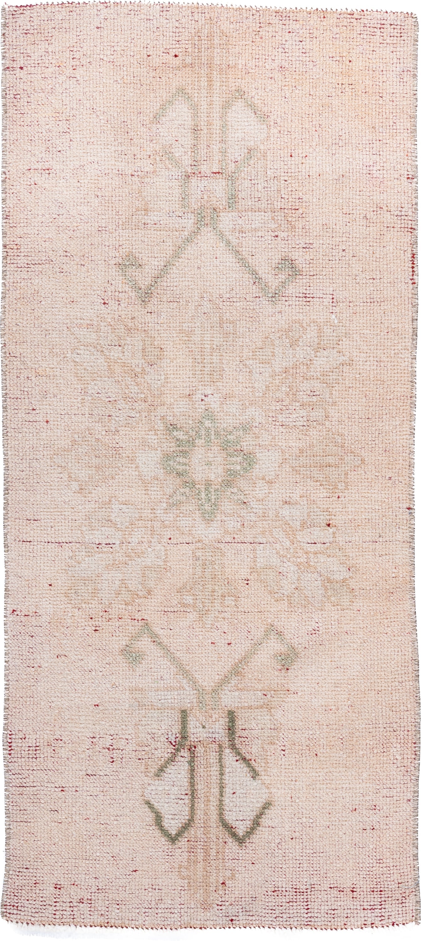 2' x 3' one-of-a-kind handmade vintage Oushak small size rug. Color palette: ivory, blush, sage, beige, rose, pink, green