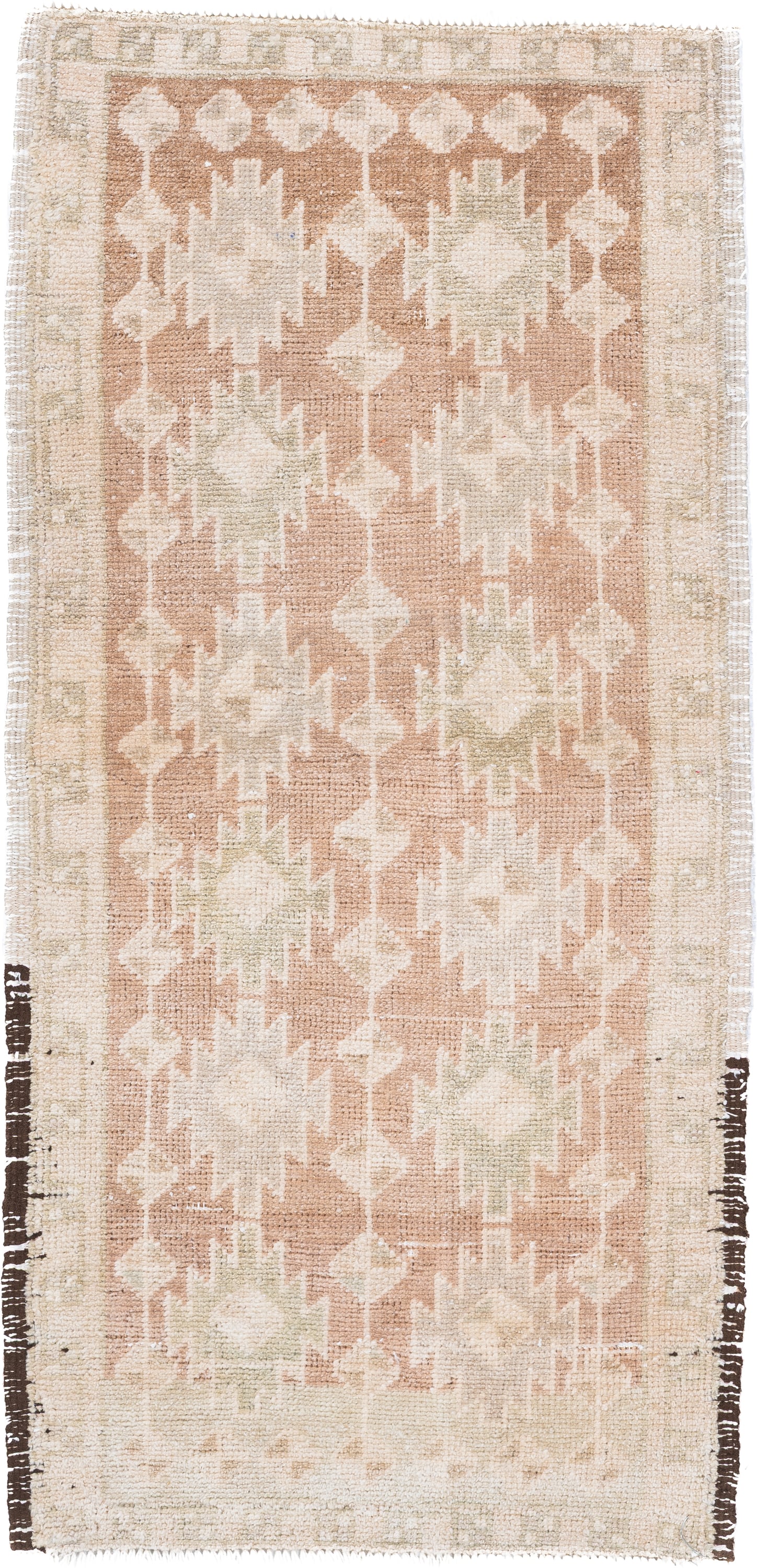 2' x 3' one-of-a-kind handmade vintage Oushak small size rug. Color palette: ivory, blush, beige, pale sage, cream, taupe