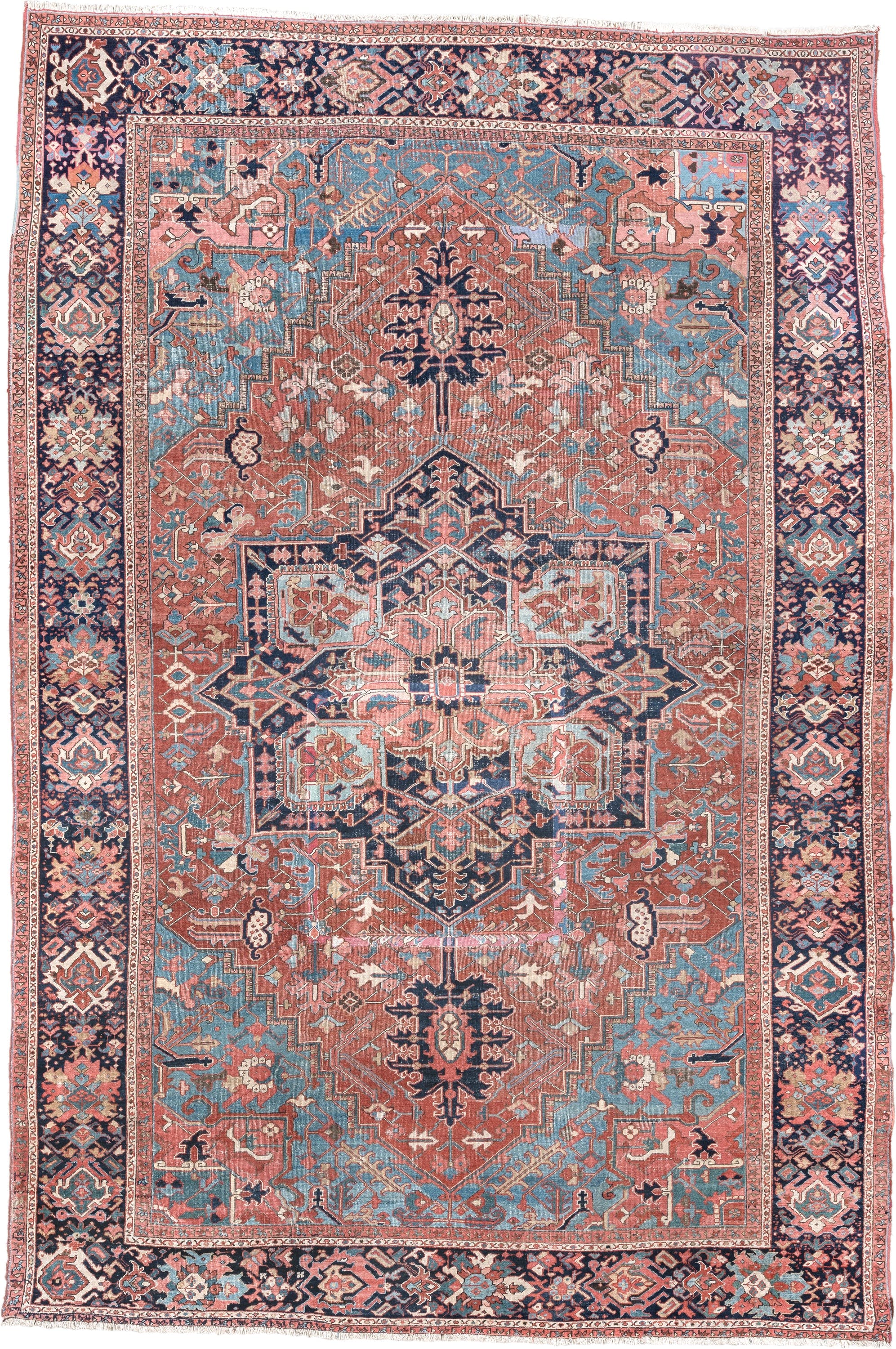 11' x 16' one-of-a-kind handmade vintage Heriz oversize rug. Color palette: terra cotta, navy, sky blue, ivory, rose, slate