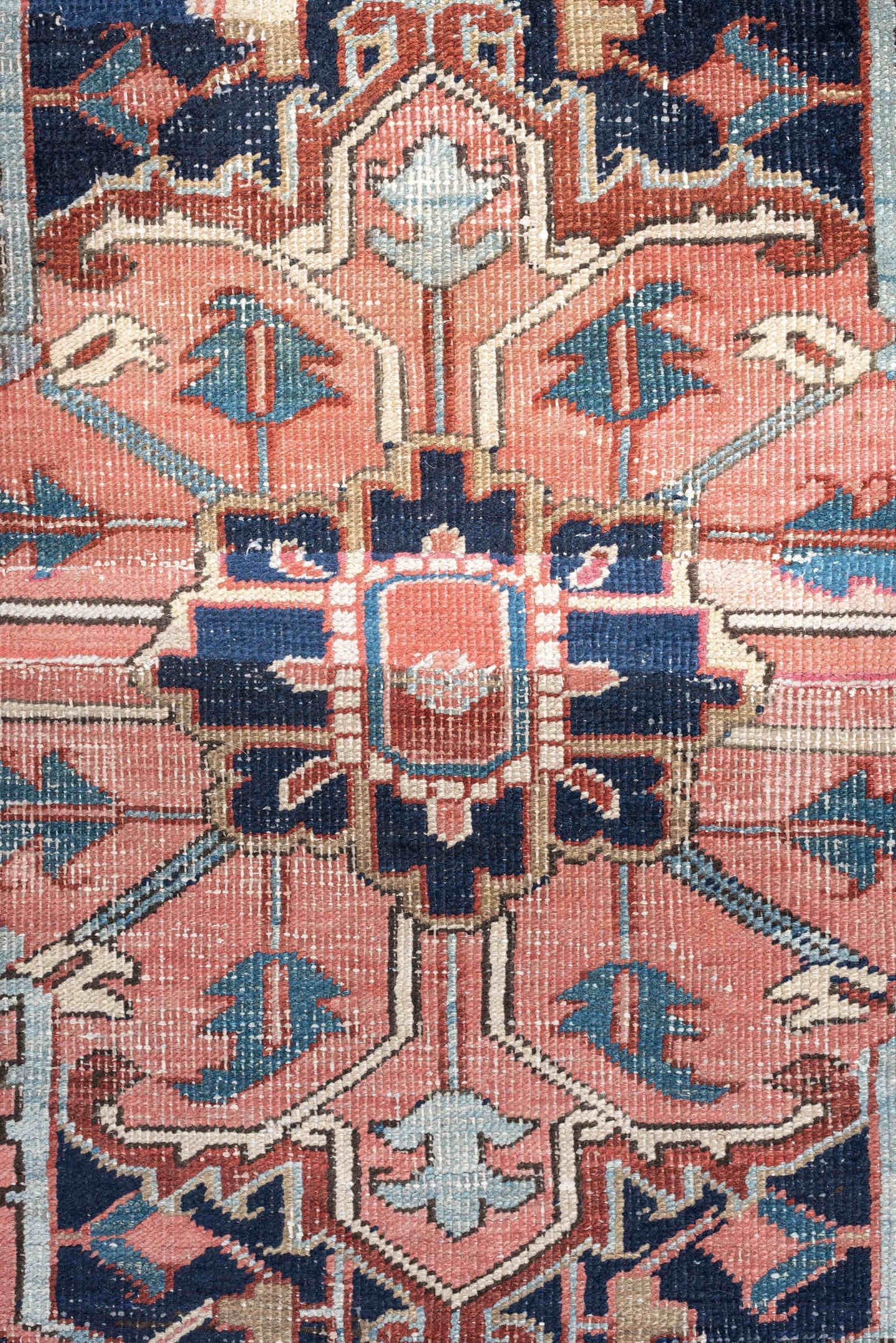 11' x 16' one-of-a-kind handmade vintage Heriz oversize rug. Color palette: terra cotta, navy, sky blue, ivory, rose, slate