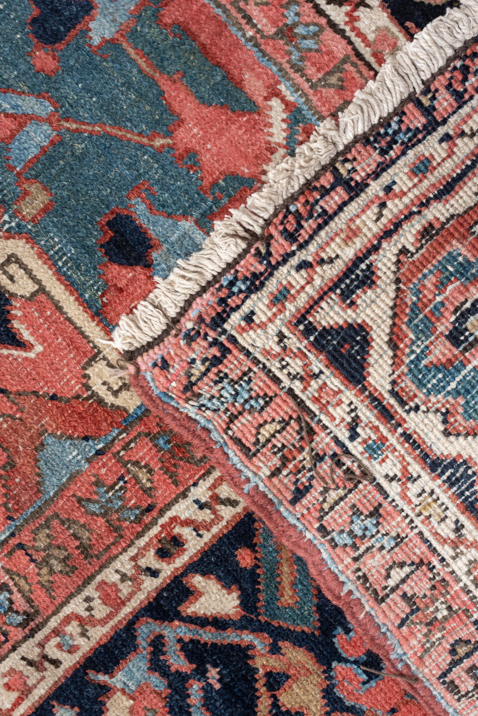 11' x 16' one-of-a-kind handmade vintage Heriz oversize rug. Color palette: terra cotta, navy, sky blue, ivory, rose, slate