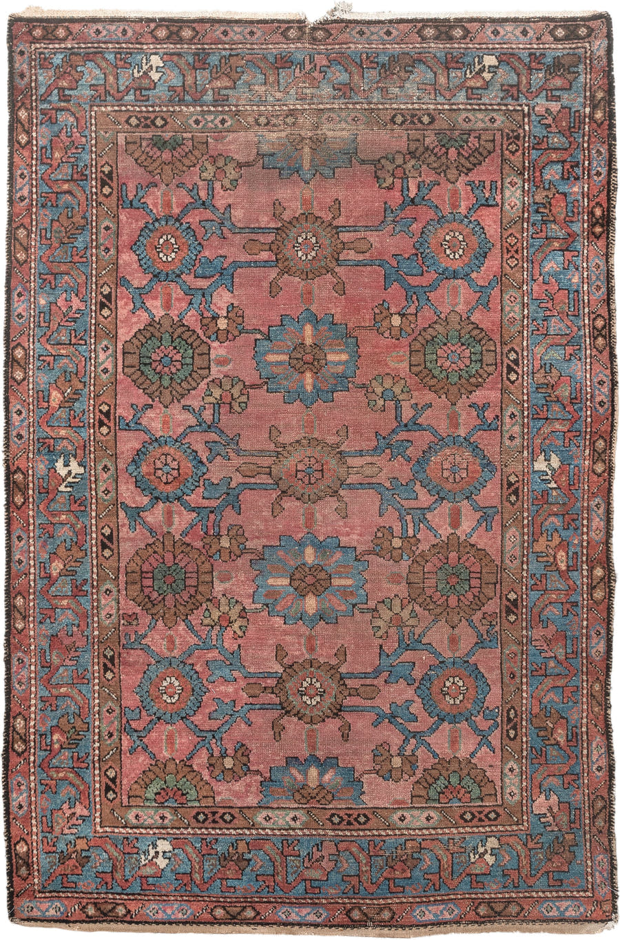 4' x 6' one-of-a-kind handmade vintage Lilian small size rug. Color palette: rose, sky blue, terra cotta, brown, ivory, sage