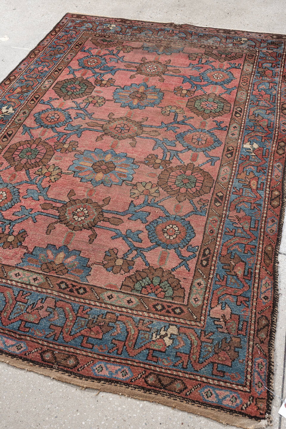 4' x 6' one-of-a-kind handmade vintage Lilian small size rug. Color palette: rose, sky blue, terra cotta, brown, ivory, sage