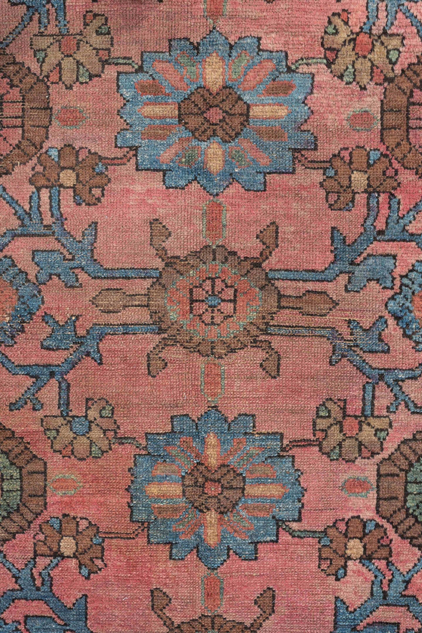 4' x 6' one-of-a-kind handmade vintage Lilian small size rug. Color palette: rose, sky blue, terra cotta, brown, ivory, sage
