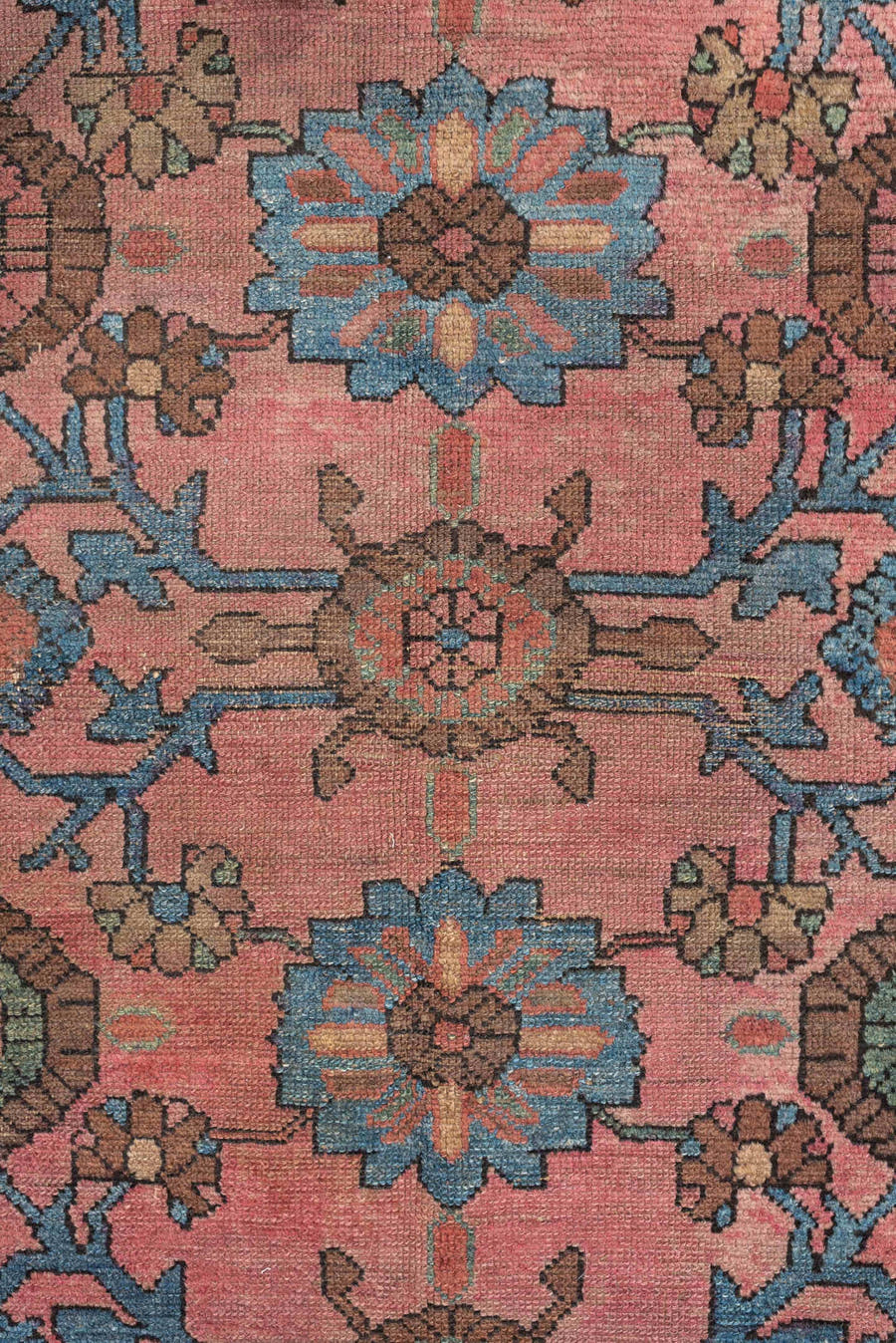 4' x 6' one-of-a-kind handmade vintage Lilian small size rug. Color palette: rose, sky blue, terra cotta, brown, ivory, sage