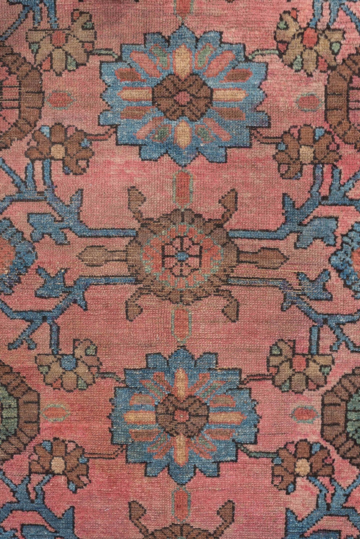 4' x 6' one-of-a-kind handmade vintage Lilian small size rug. Color palette: rose, sky blue, terra cotta, brown, ivory, sage