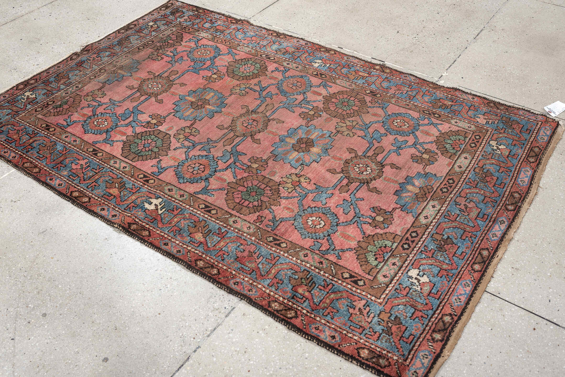 4' x 6' one-of-a-kind handmade vintage Lilian small size rug. Color palette: rose, sky blue, terra cotta, brown, ivory, sage