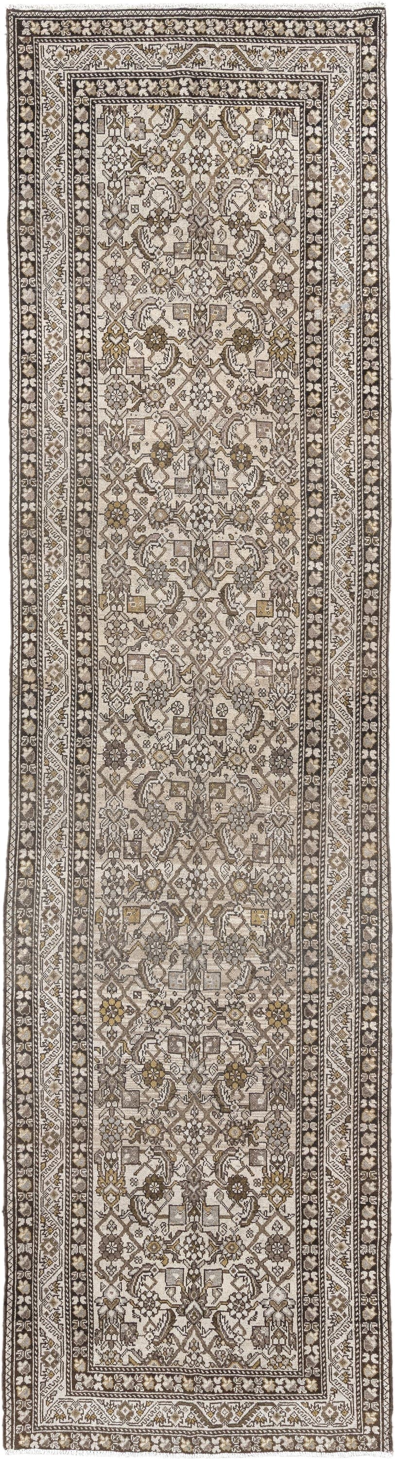 3' x 13' one-of-a-kind handmade antique Malayer runner rug. Color palette: ivory, taupe, brown, camel, gold, charcoal, beige