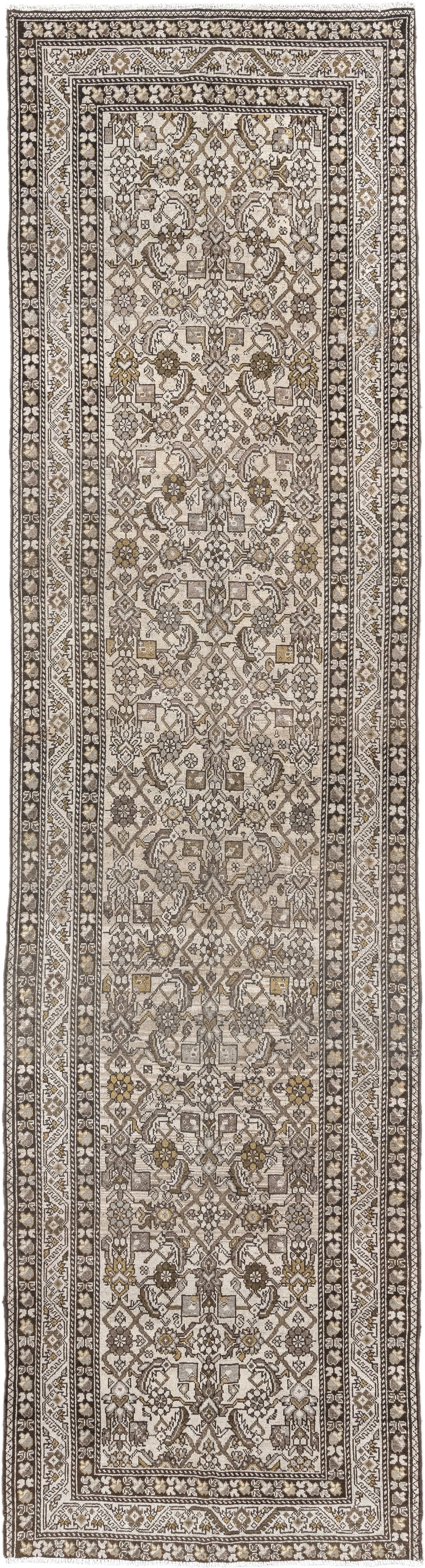 3' x 13' one-of-a-kind handmade antique Malayer runner rug. Color palette: ivory, taupe, brown, camel, gold, charcoal, beige