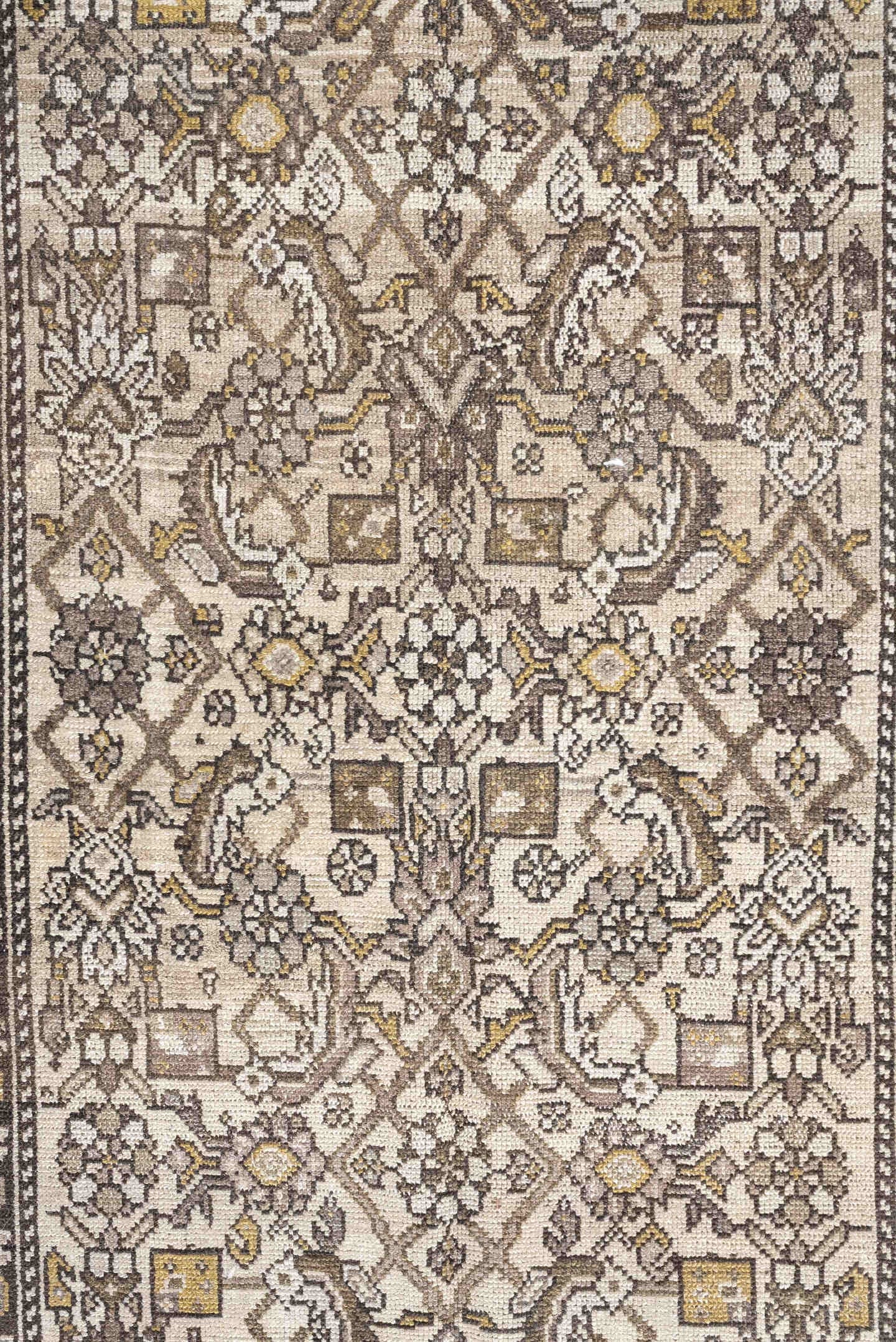 3' x 13' one-of-a-kind handmade antique Malayer runner rug. Color palette: ivory, taupe, brown, camel, gold, charcoal, beige