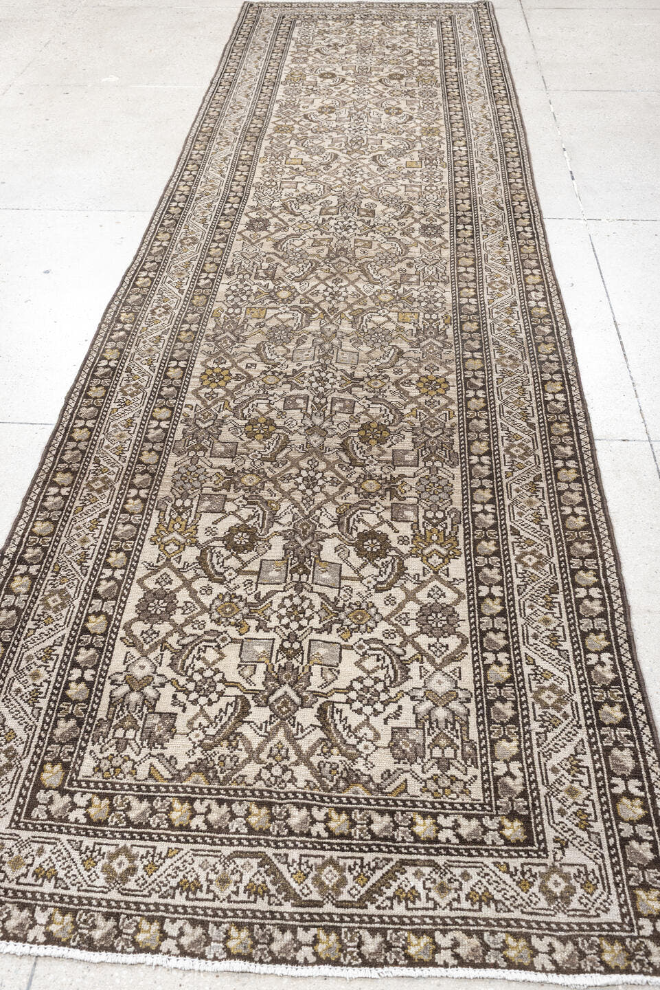 3' x 13' one-of-a-kind handmade antique Malayer runner rug. Color palette: ivory, taupe, brown, camel, gold, charcoal, beige