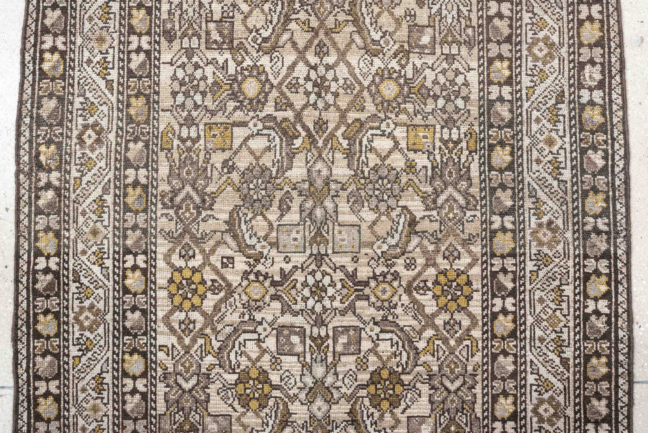 3' x 13' one-of-a-kind handmade antique Malayer runner rug. Color palette: ivory, taupe, brown, camel, gold, charcoal, beige