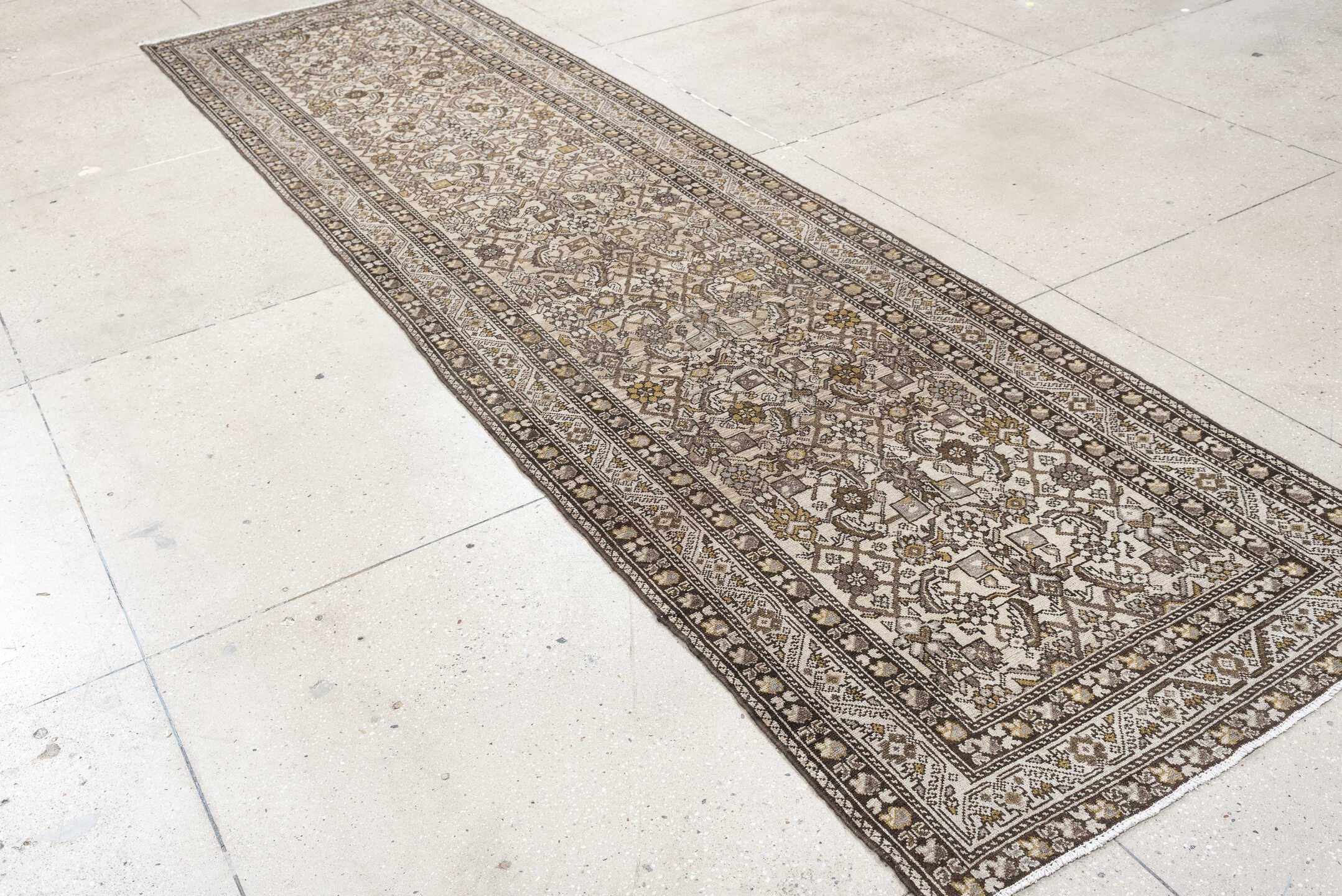 3' x 13' one-of-a-kind handmade antique Malayer runner rug. Color palette: ivory, taupe, brown, camel, gold, charcoal, beige
