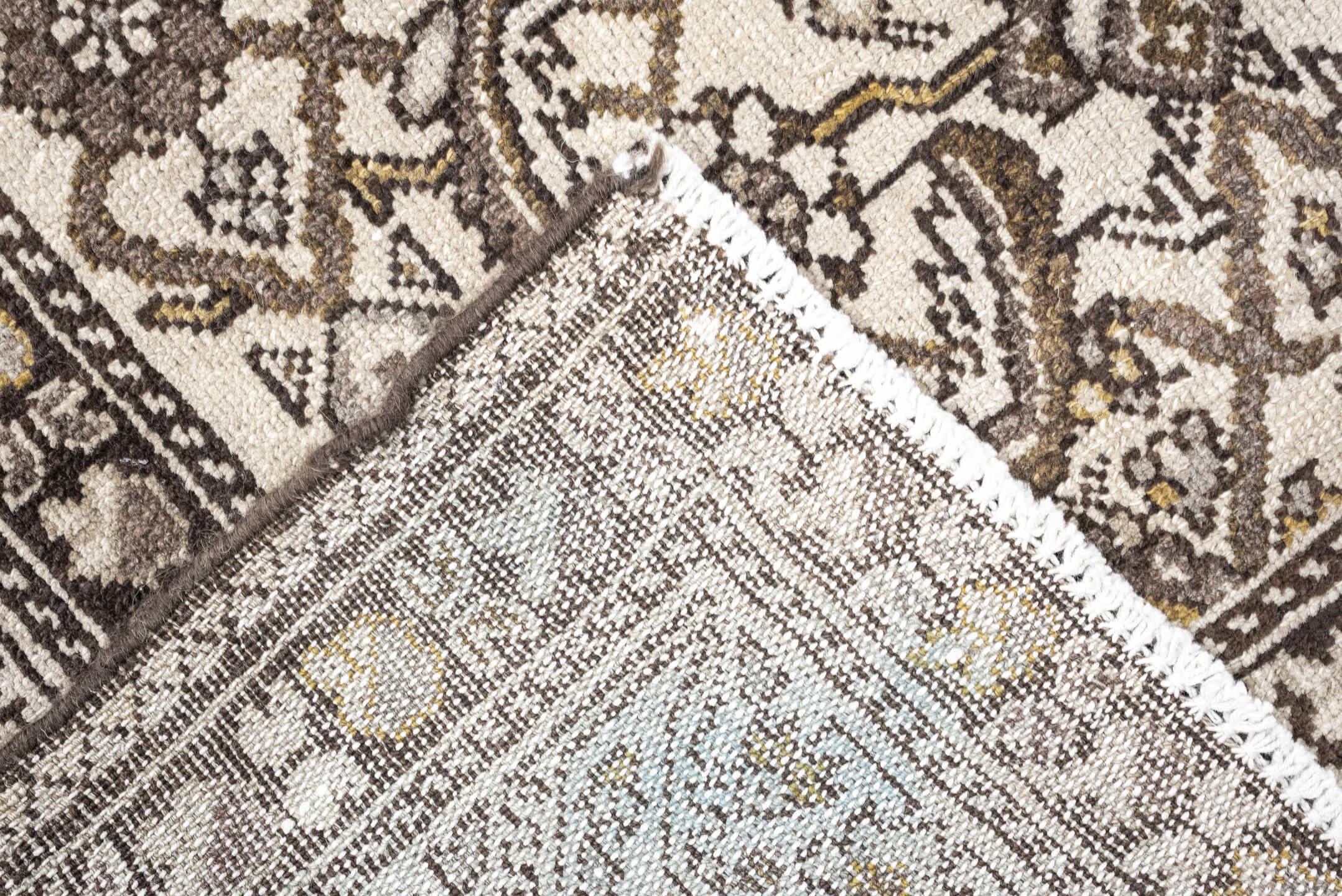 3' x 13' one-of-a-kind handmade antique Malayer runner rug. Color palette: ivory, taupe, brown, camel, gold, charcoal, beige