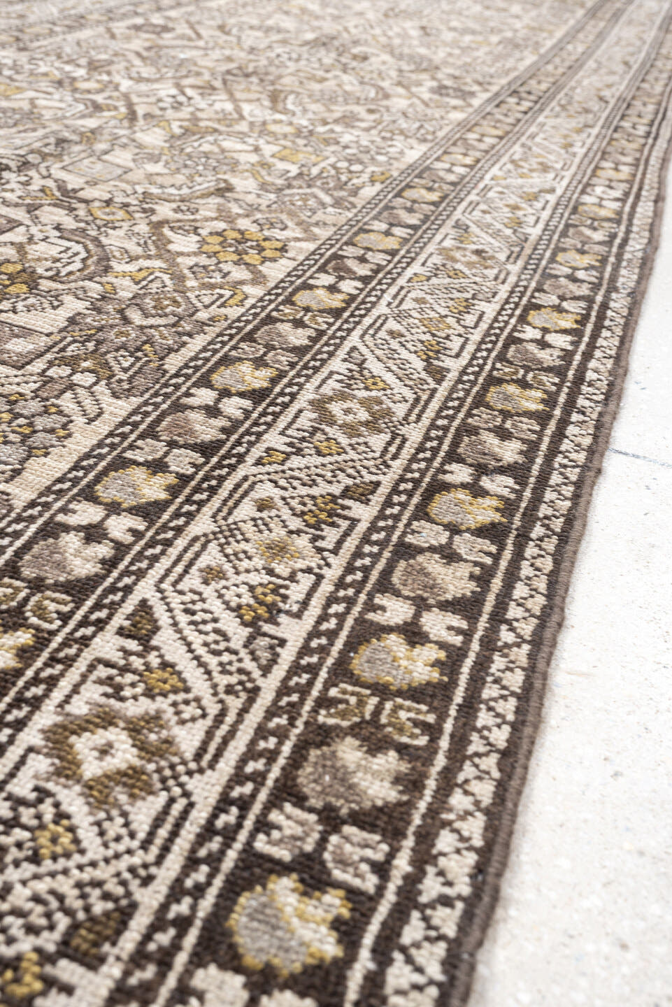 3' x 13' one-of-a-kind handmade antique Malayer runner rug. Color palette: ivory, taupe, brown, camel, gold, charcoal, beige