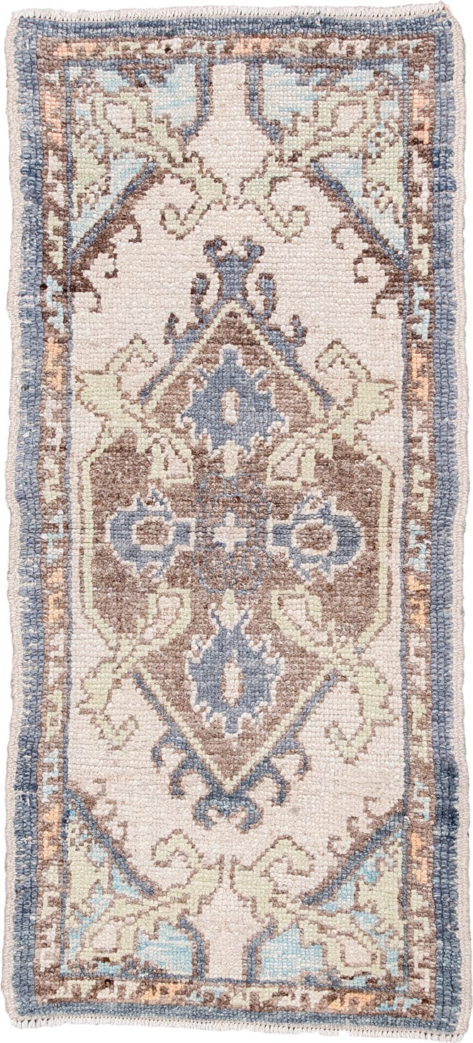 2' x 4' one-of-a-kind handmade vintage Oushak small size rug. Color palette: ivory, powder blue, taupe, pale sage