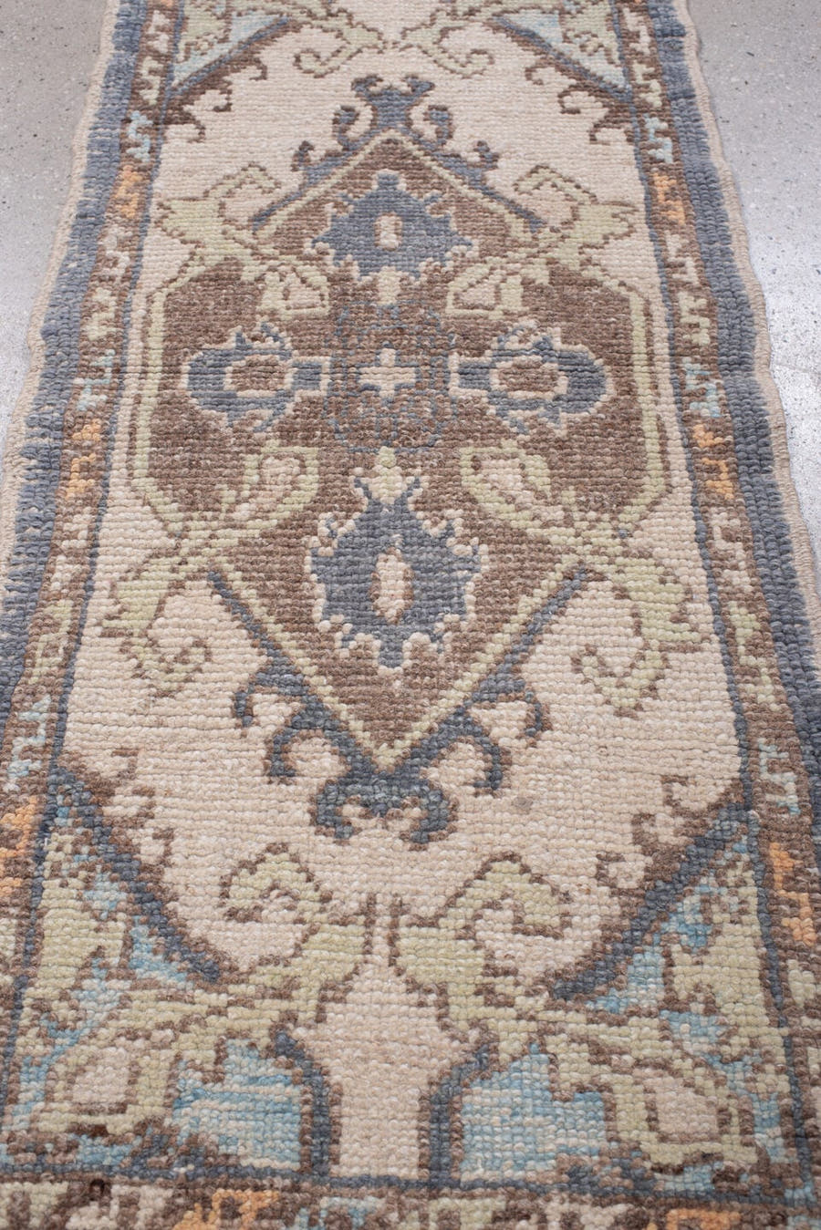 2' x 4' one-of-a-kind handmade vintage Oushak small size rug. Color palette: ivory, powder blue, taupe, pale sage