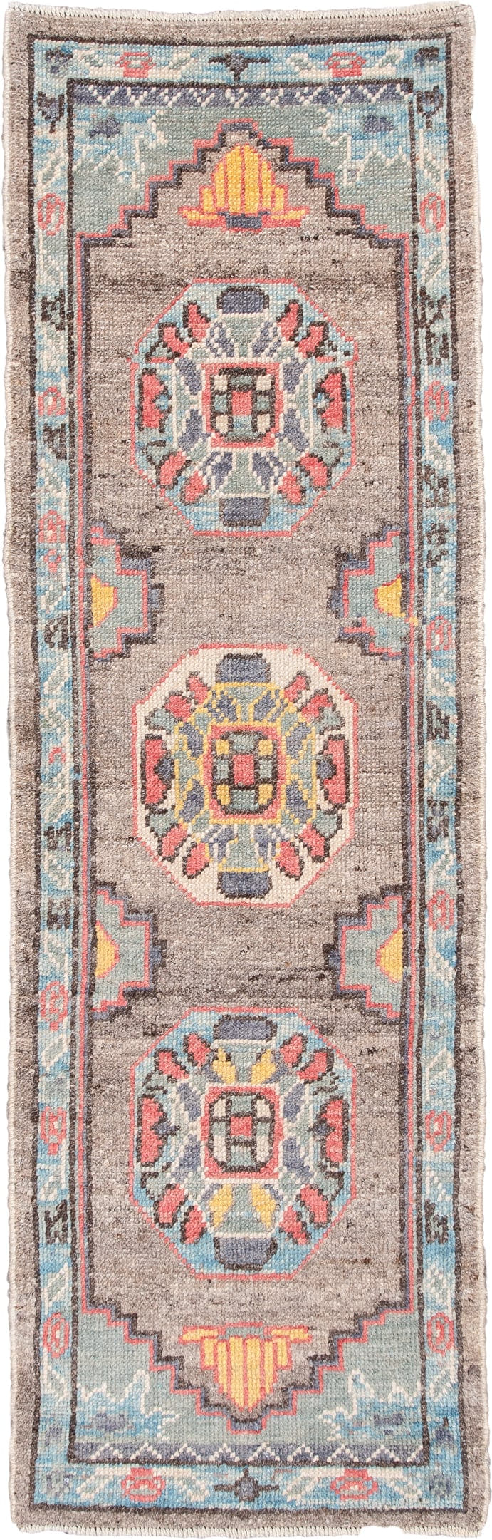2' x 6' one-of-a-kind handmade vintage Oushak runner rug. Color palette: taupe, sky blue, ivory, coral, charcoal, saffron