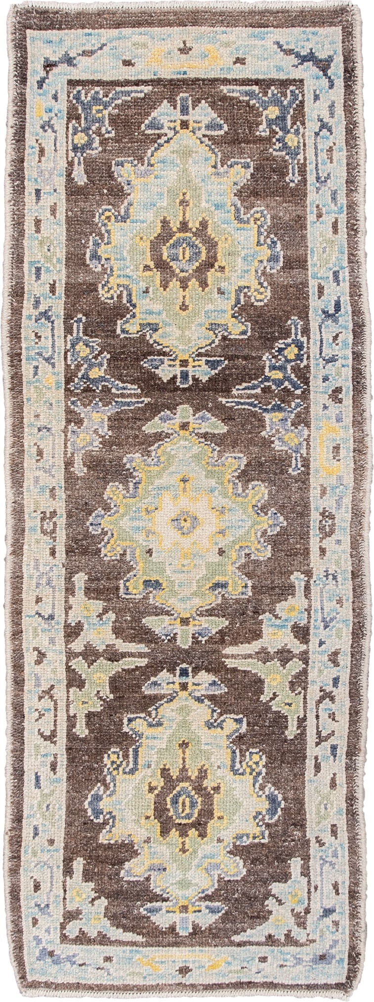 2' x 5' one-of-a-kind handmade vintage Oushak small size rug. Color palette: chocolate brown, pale aqua, ivory