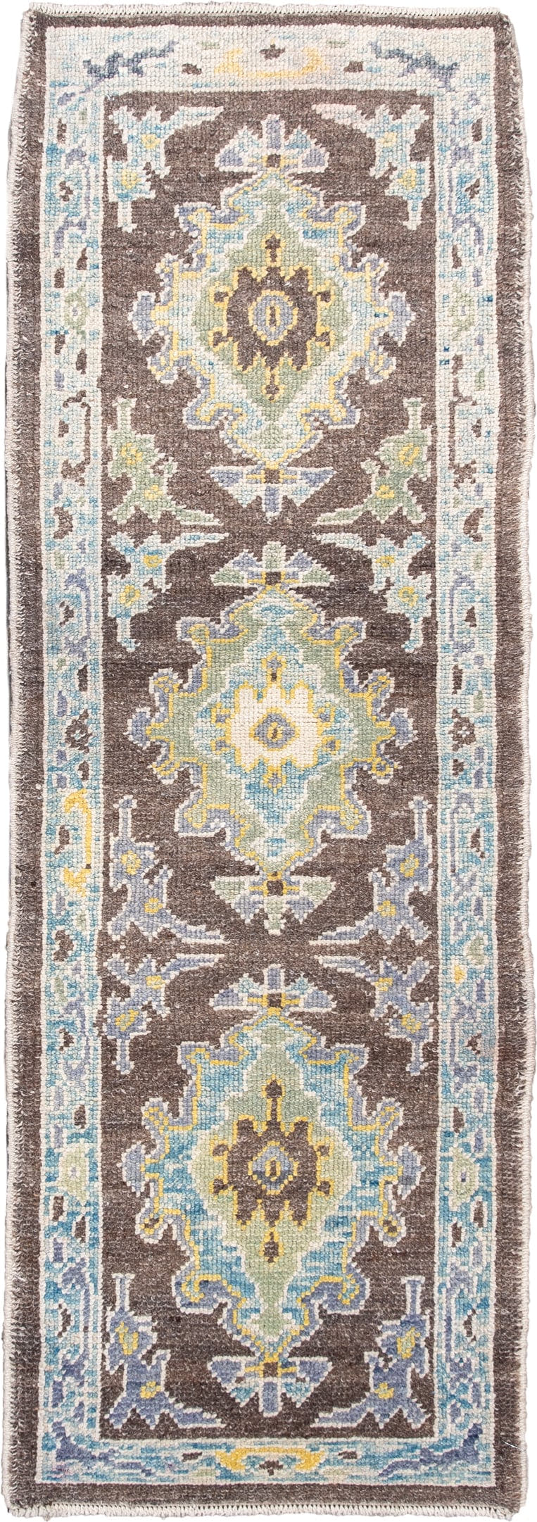 2' x 6' one-of-a-kind handmade vintage Oushak runner rug. Color palette: brown, ivory, pale blue, slate blue, muted gold