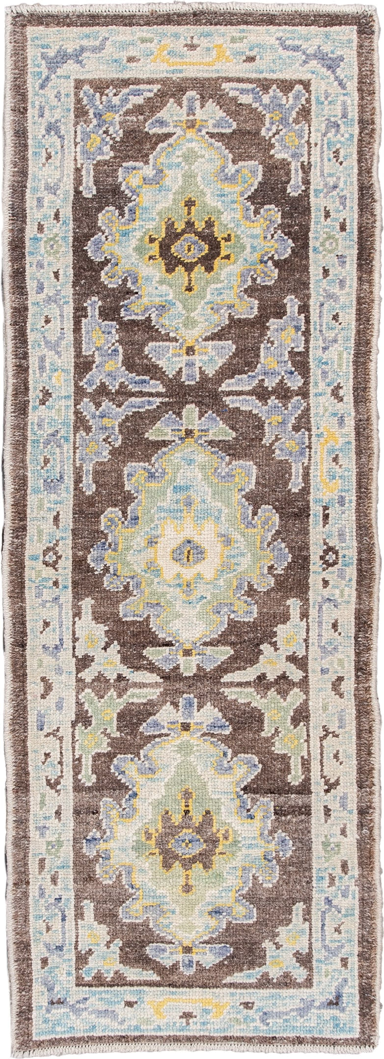 2' x 6' one-of-a-kind handmade vintage Oushak runner rug. Color palette: chocolate brown, pale blue, ivory, slate blue, sage