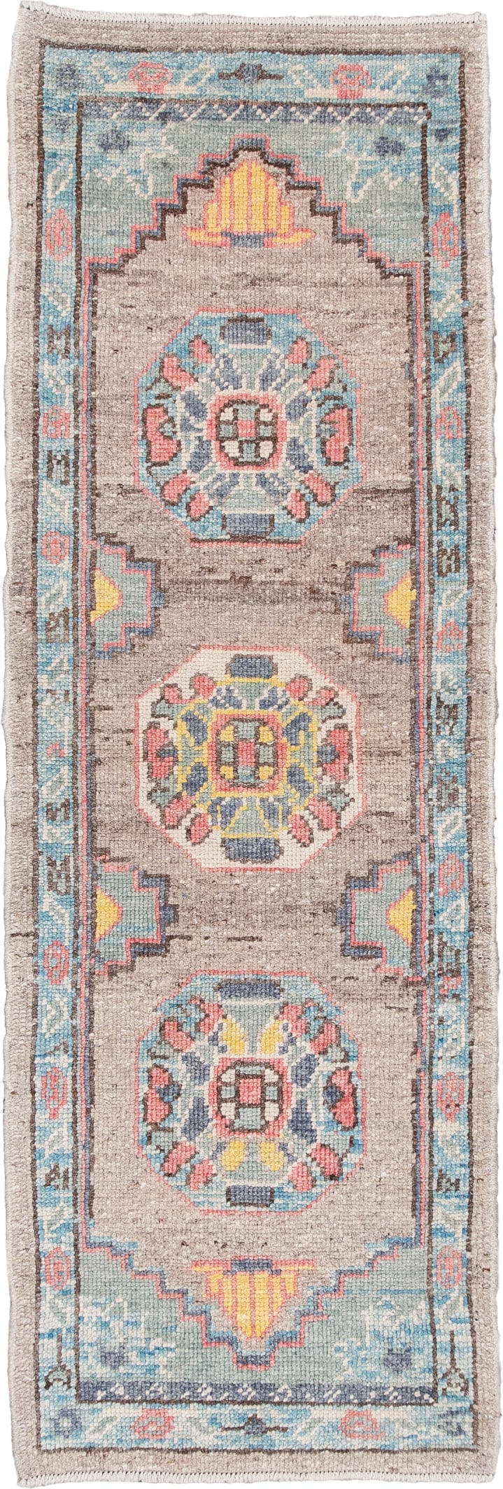 2' x 6' one-of-a-kind handmade vintage Oushak runner rug. Color palette: taupe, sky blue, ivory, coral, charcoal, saffron