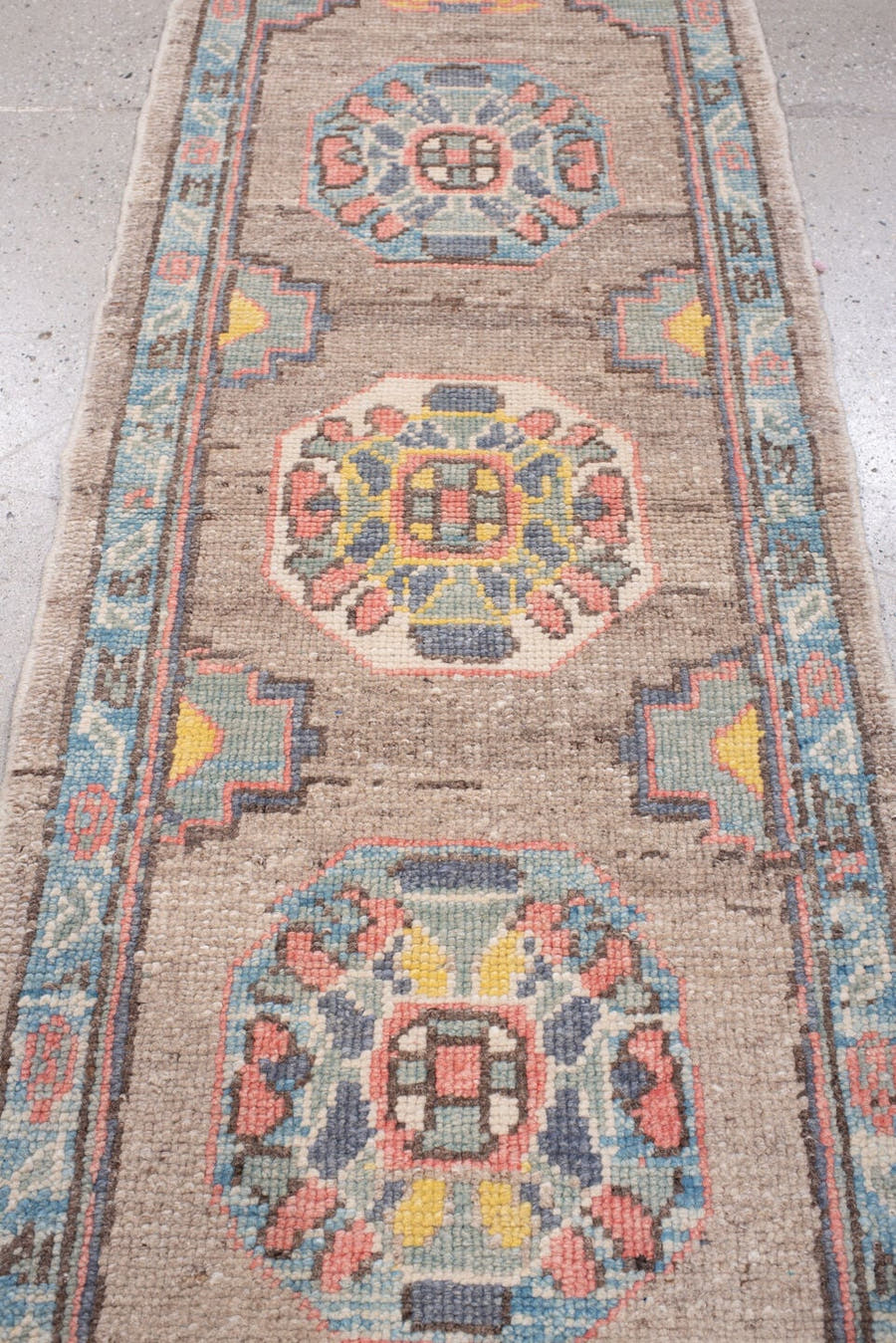 2' x 6' one-of-a-kind handmade vintage Oushak runner rug. Color palette: taupe, sky blue, ivory, coral, charcoal, saffron