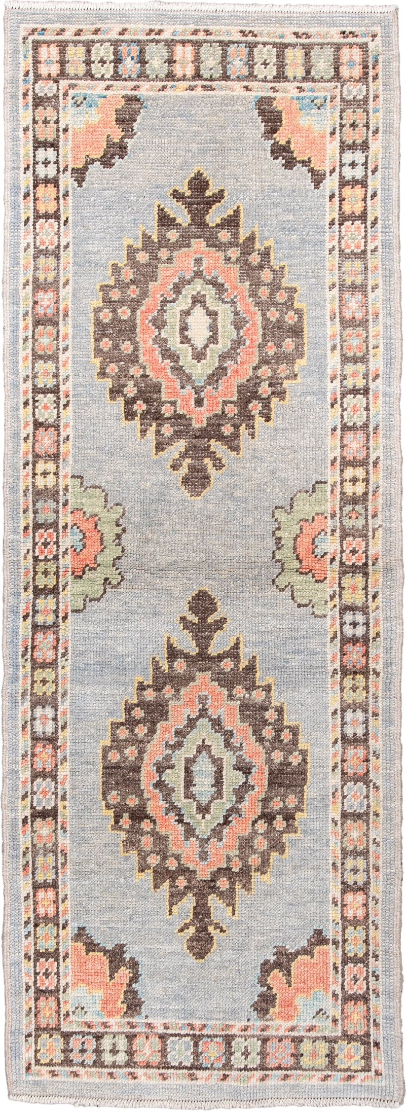 2' x 6' one-of-a-kind handmade vintage Oushak runner rug. Color palette: blue gray, ivory, dark brown, coral, sage, taupe