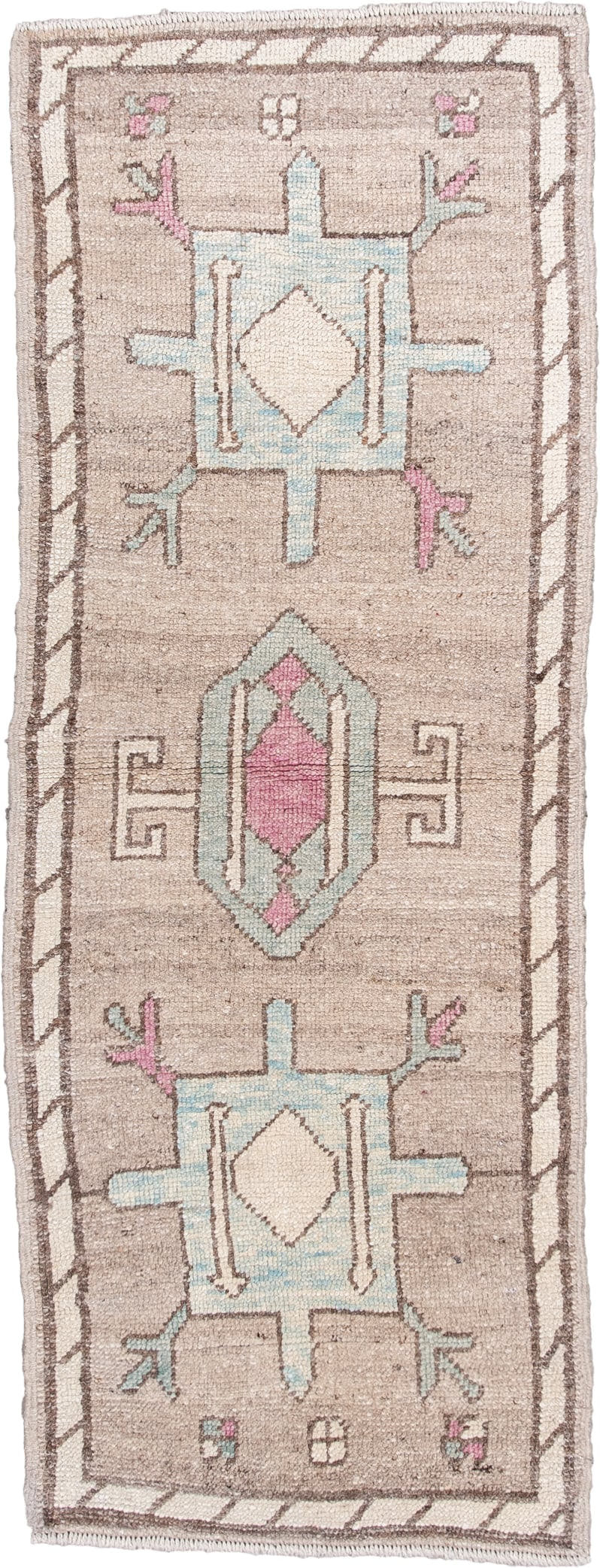 2' x 6' one-of-a-kind handmade vintage Oushak runner rug. Color palette: taupe, ivory, pale blue, rose, brown, charcoal