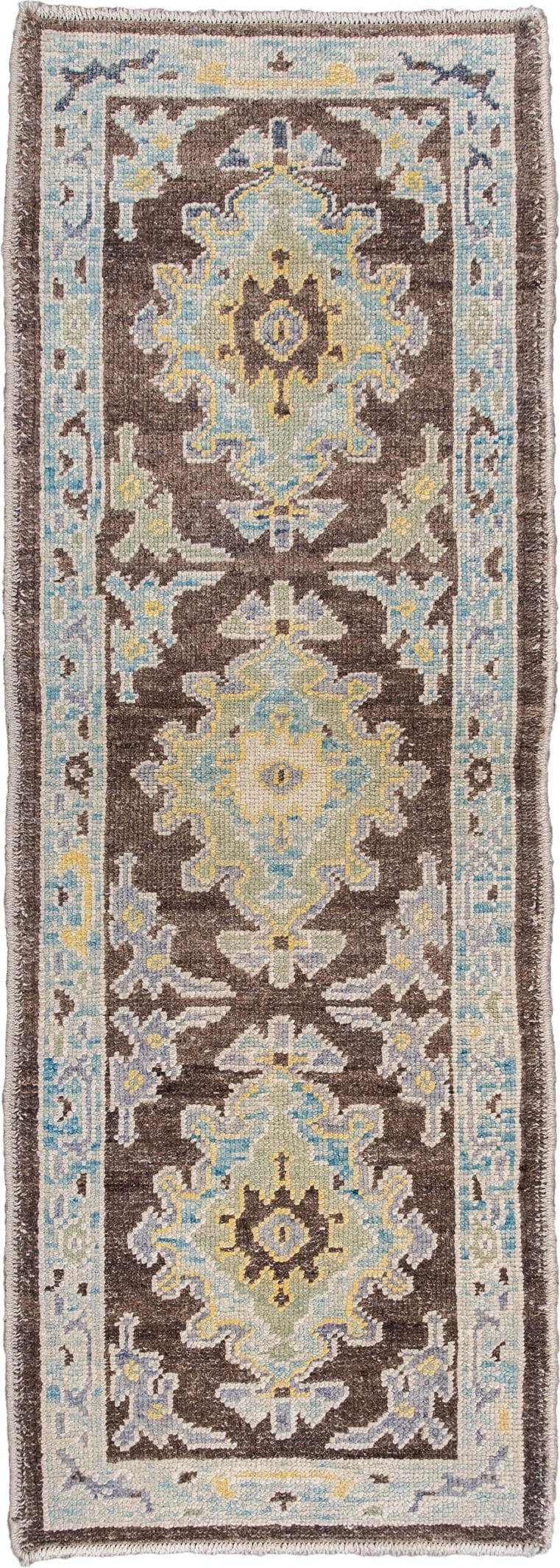 2' x 6' one-of-a-kind handmade vintage Oushak runner rug. Color palette: chocolate brown, pale blue, ivory, taupe