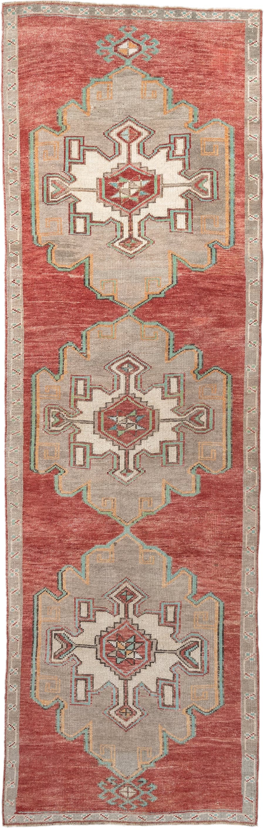 2' x 10' one-of-a-kind handmade vintage  runner rug. Color palette: terracotta, ivory, taupe, aqua, rust, sage, brown, beige