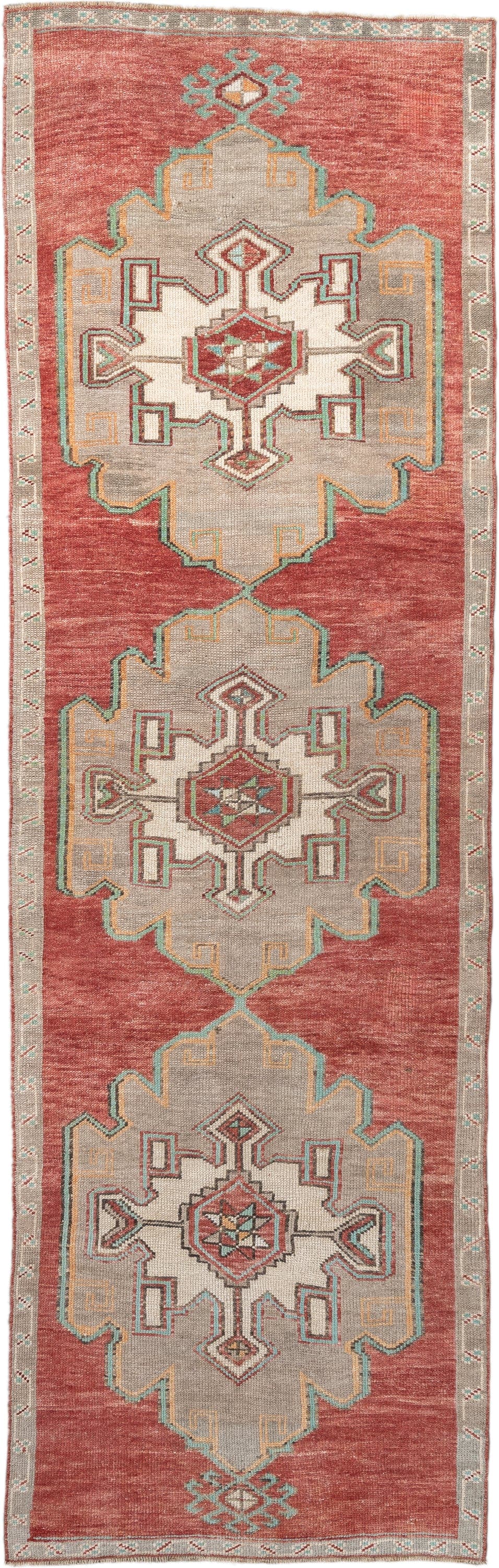 2' x 10' one-of-a-kind handmade vintage  runner rug. Color palette: terracotta, ivory, taupe, aqua, rust, sage, brown, beige