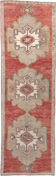 2' x 10' one-of-a-kind handmade vintage runner rug. Color palette: terracotta, ivory, taupe, aqua, rust, sage, brown, beige