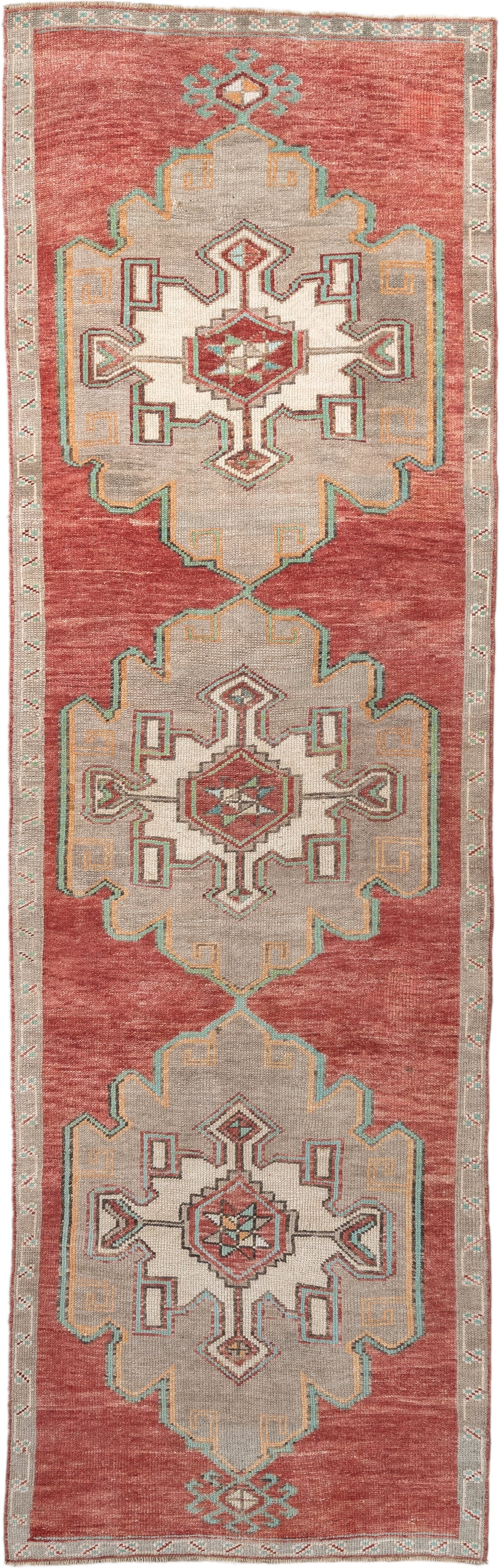 2' x 10' one-of-a-kind handmade vintage  runner rug. Color palette: terracotta, ivory, taupe, aqua, rust, sage, brown, beige