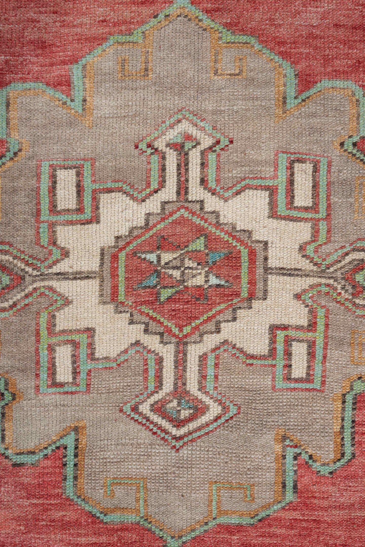 2' x 10' one-of-a-kind handmade vintage  runner rug. Color palette: terracotta, ivory, taupe, aqua, rust, sage, brown, beige