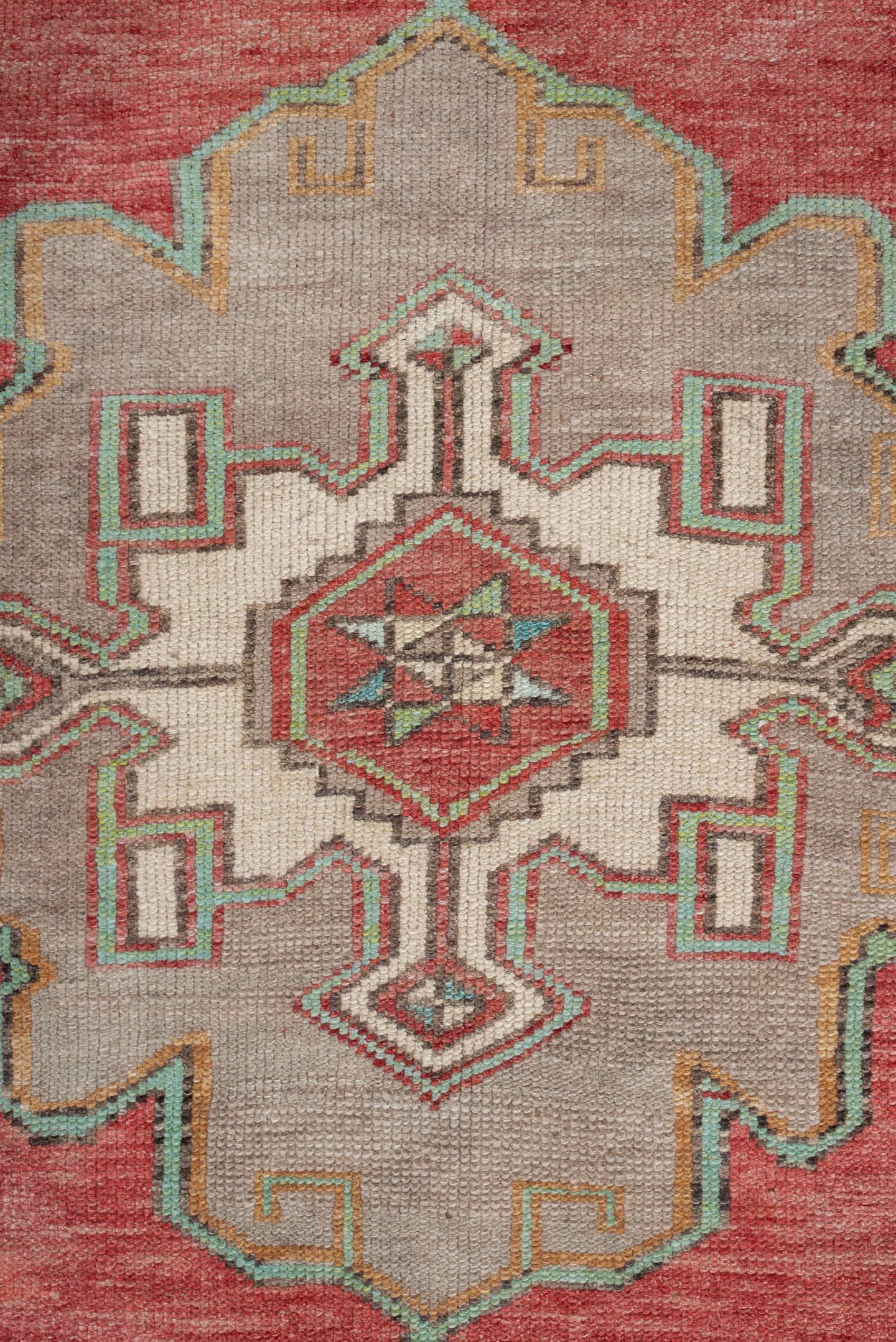 2' x 10' one-of-a-kind handmade vintage  runner rug. Color palette: terracotta, ivory, taupe, aqua, rust, sage, brown, beige