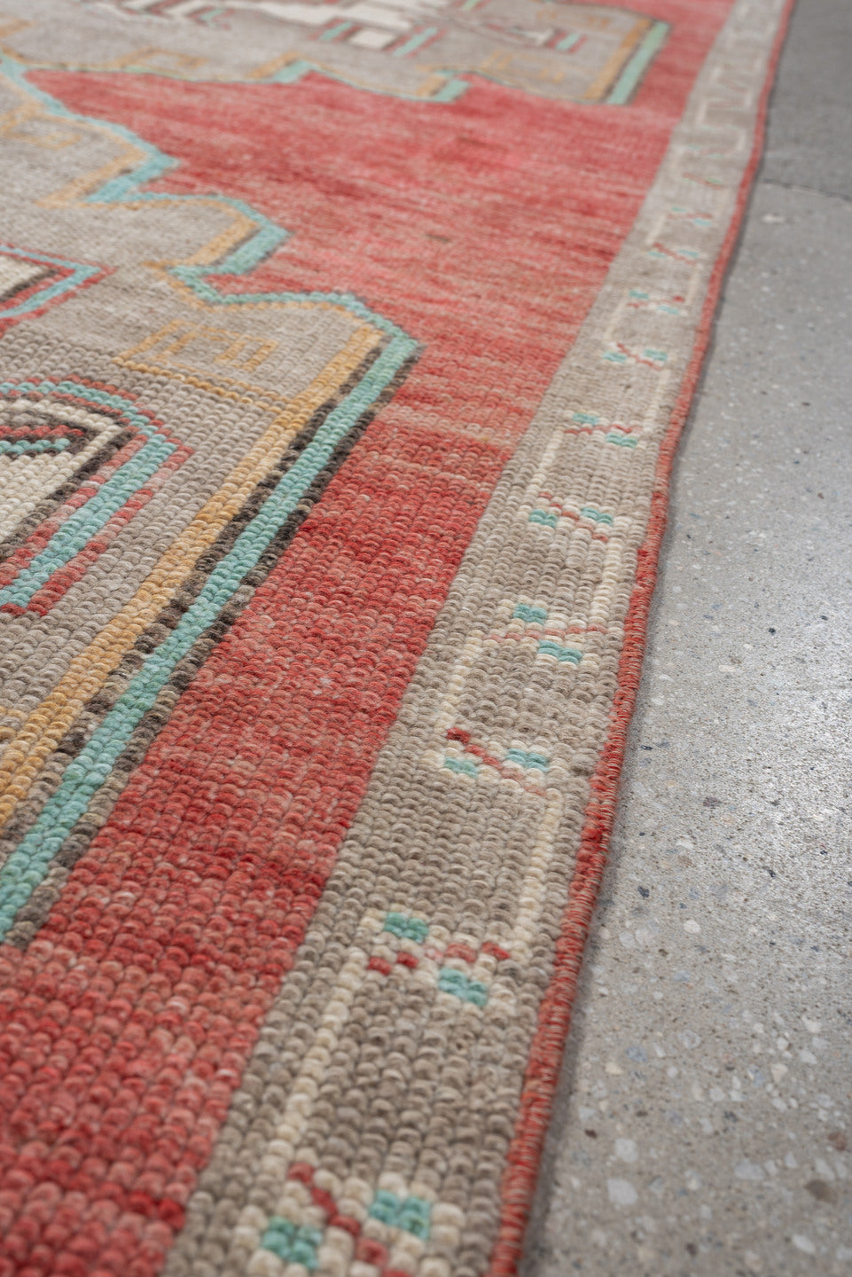 2' x 10' one-of-a-kind handmade vintage  runner rug. Color palette: terracotta, ivory, taupe, aqua, rust, sage, brown, beige