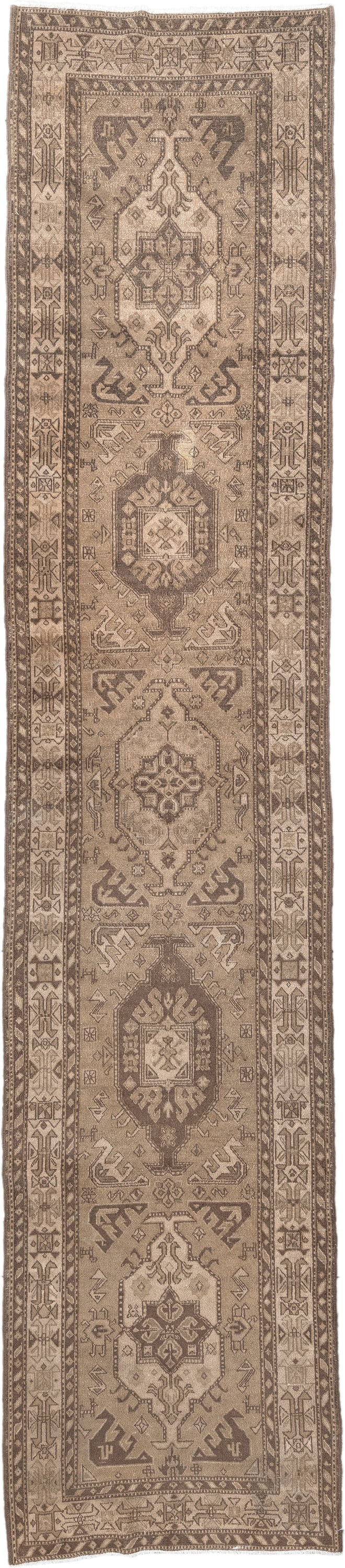 3' x 14' one-of-a-kind handmade vintage NW Persian runner rug. Color palette: taupe, camel, brown, ivory, greige, beige