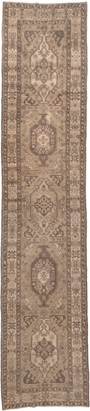 3' x 14' one-of-a-kind handmade vintage NW Persian runner rug. Color palette: taupe, camel, brown, ivory, greige, beige