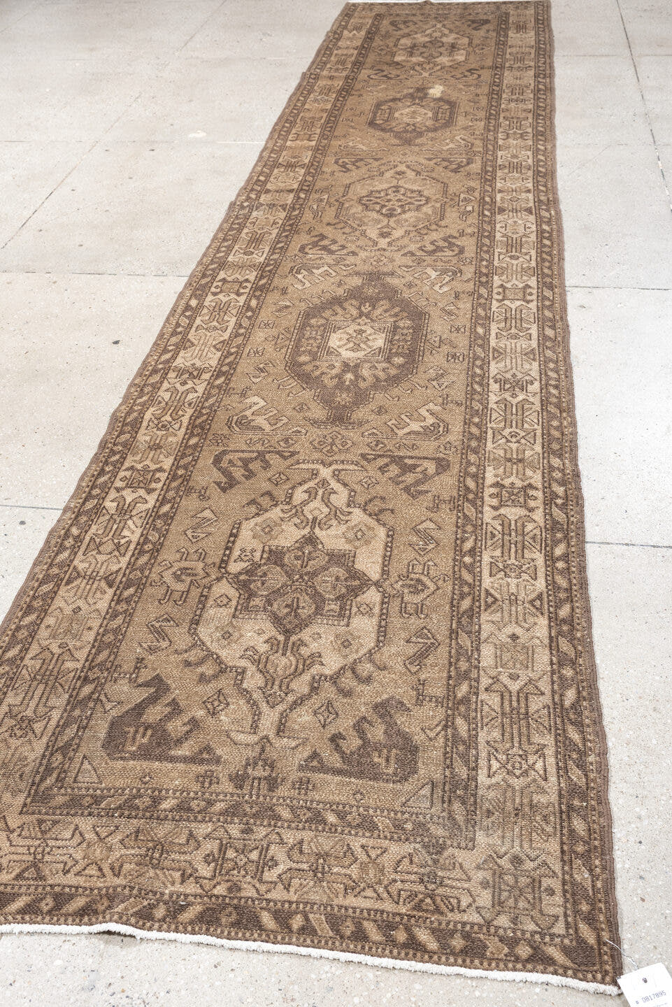 3' x 14' one-of-a-kind handmade vintage NW Persian runner rug. Color palette: taupe, camel, brown, ivory, greige, beige