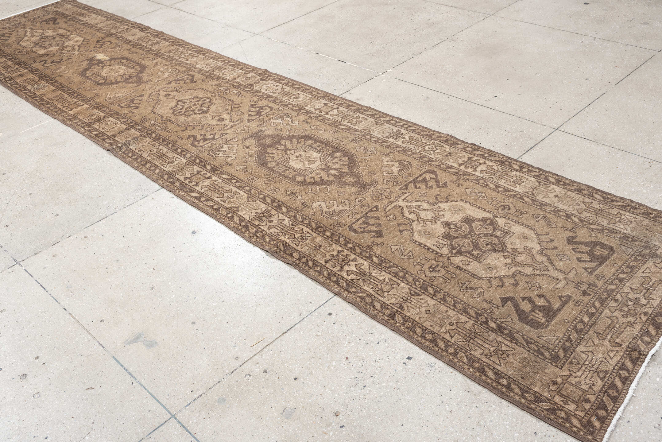 3' x 14' one-of-a-kind handmade vintage NW Persian runner rug. Color palette: taupe, camel, brown, ivory, greige, beige