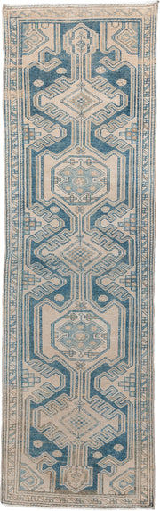 2' x 8' one-of-a-kind handmade antique Malayer runner rug. Color palette: ivory, sky blue, slate blue, taupe, camel
