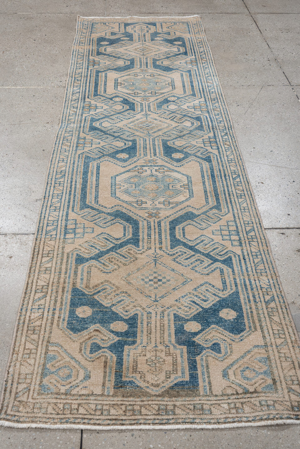 2' x 8' one-of-a-kind handmade antique Malayer runner rug. Color palette: ivory, sky blue, slate blue, taupe, camel