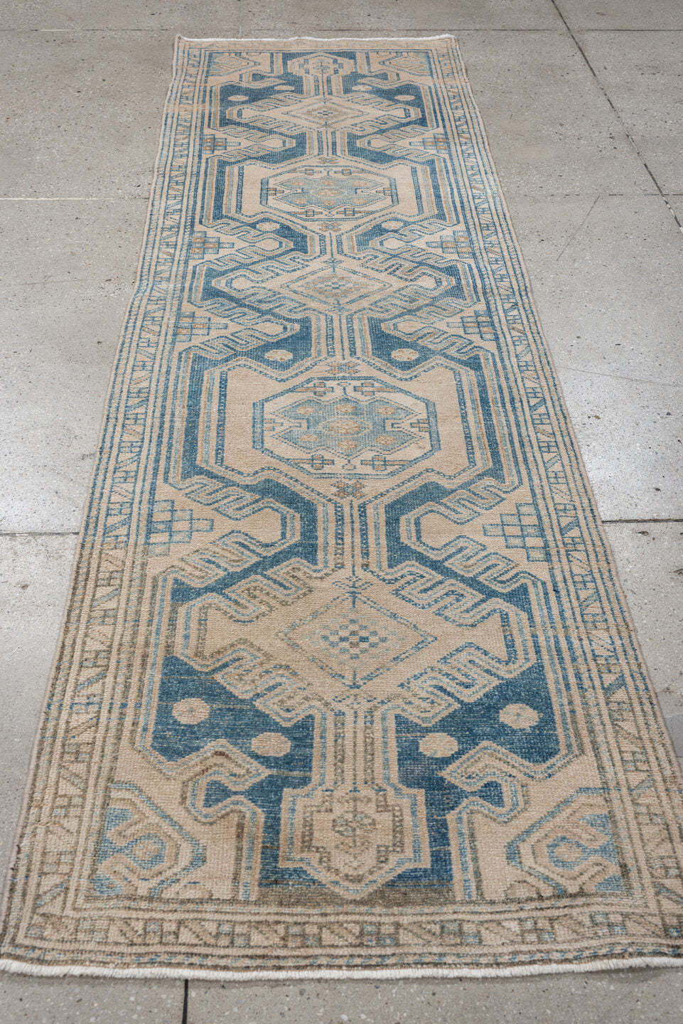 2' x 8' one-of-a-kind handmade antique Malayer runner rug. Color palette: ivory, sky blue, slate blue, taupe, camel