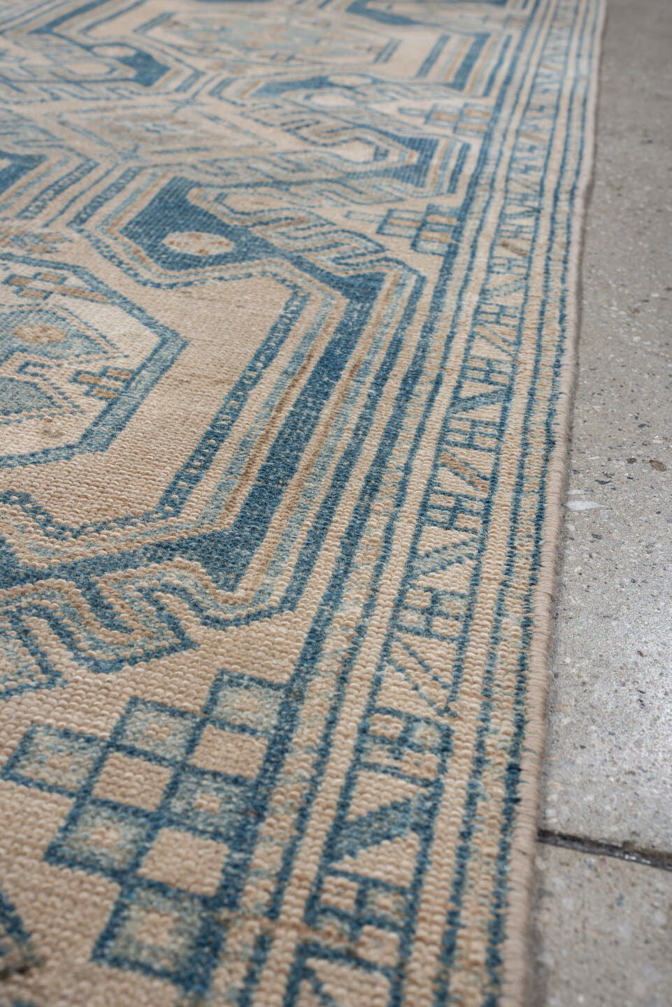 2' x 8' one-of-a-kind handmade antique Malayer runner rug. Color palette: ivory, sky blue, slate blue, taupe, camel