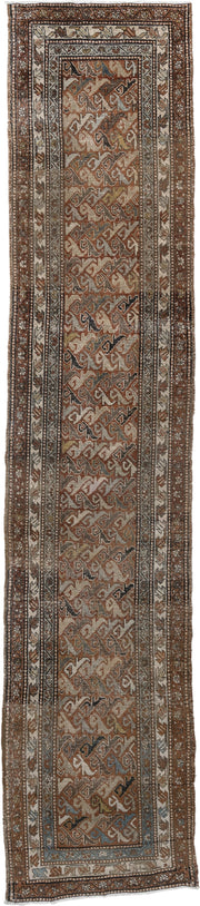 2' x 12' one-of-a-kind handmade vintage Heriz runner rug. Color palette: rust, ivory, slate, taupe, camel, charcoal, sienna