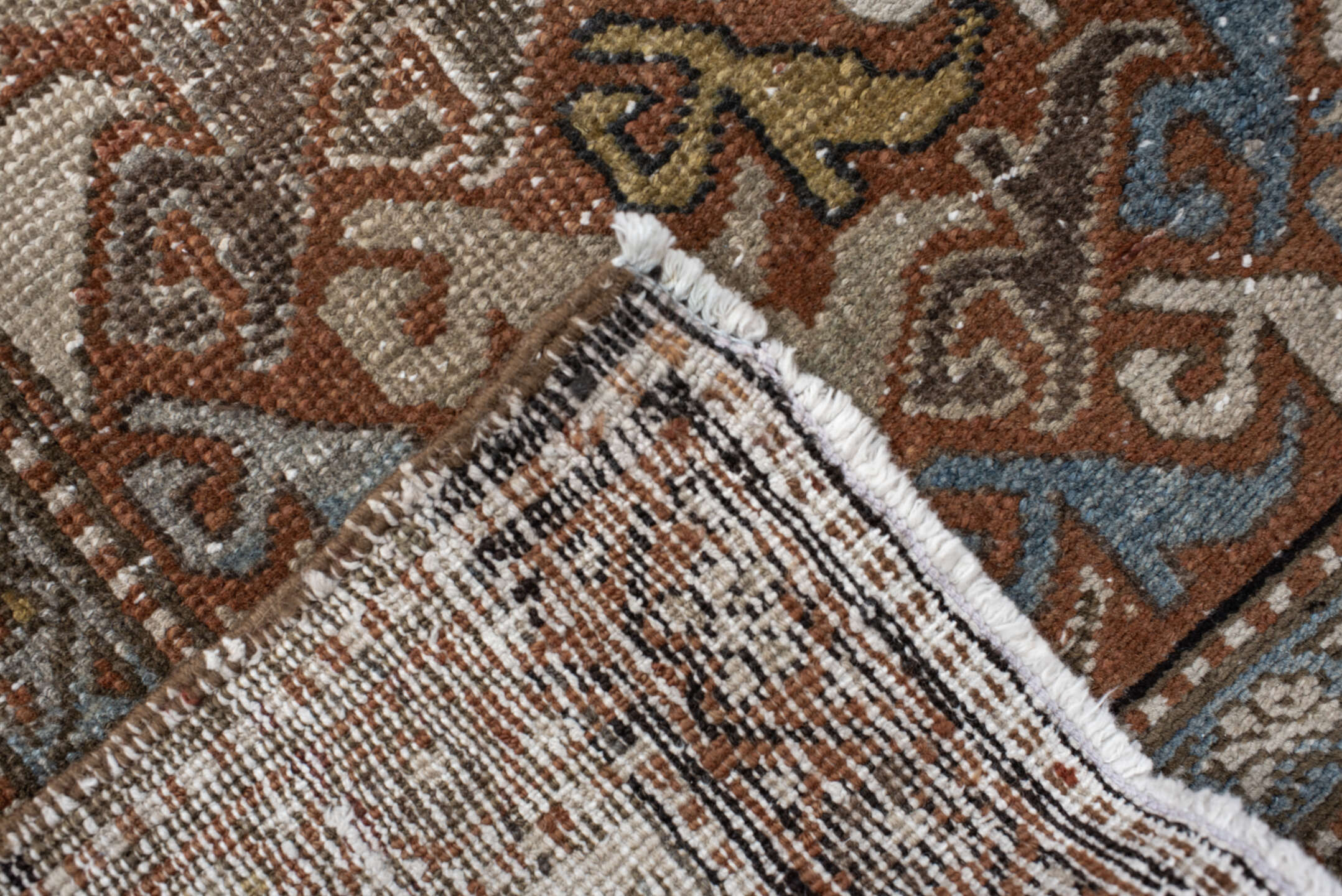 2' x 12' one-of-a-kind handmade vintage Heriz runner rug. Color palette: rust, ivory, slate, taupe, camel, charcoal, sienna