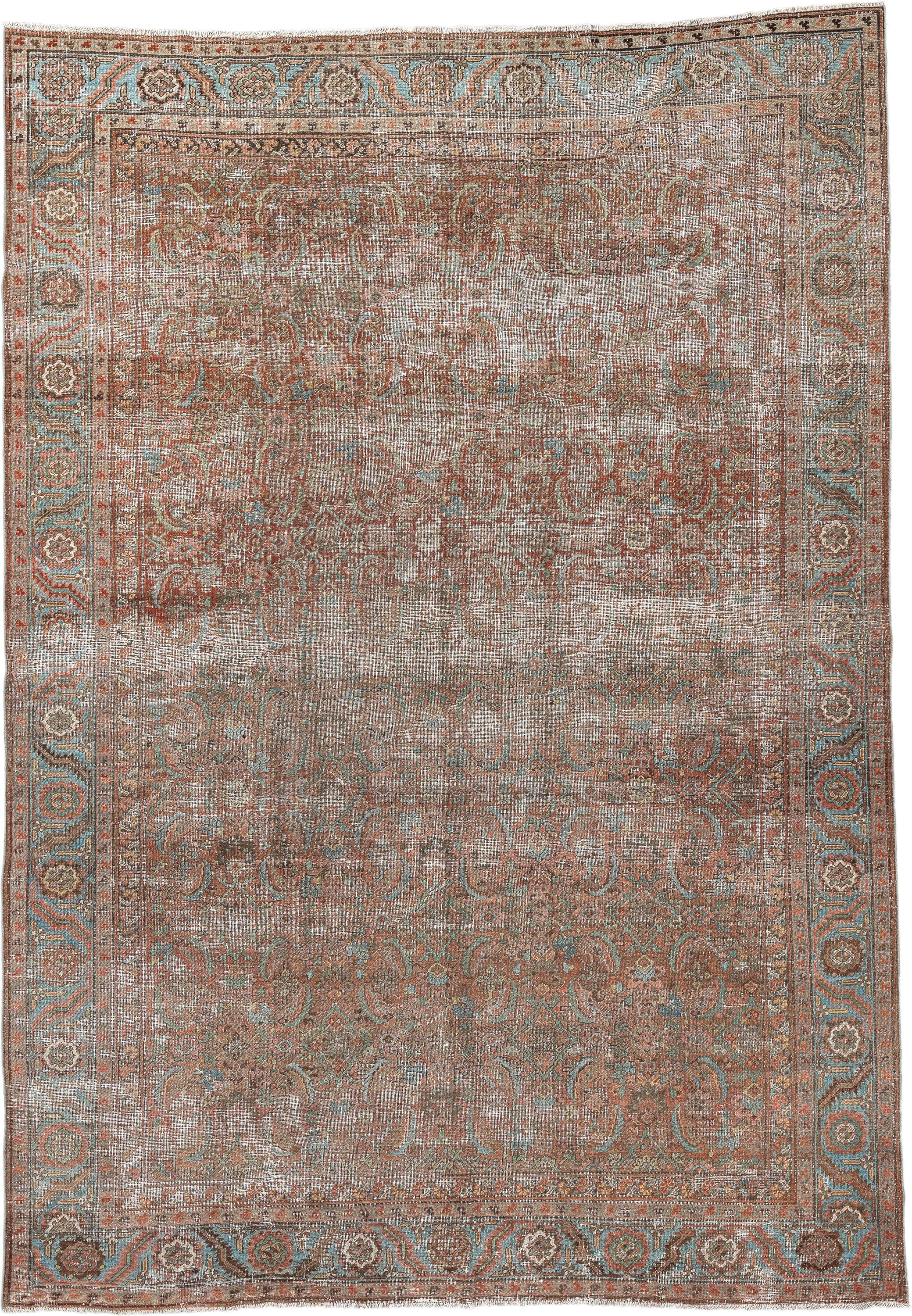 7' x 10' one-of-a-kind handmade vintage Bakhshayesh large size rug. Color palette: terracotta, sky blue, ivory, taupe, rust