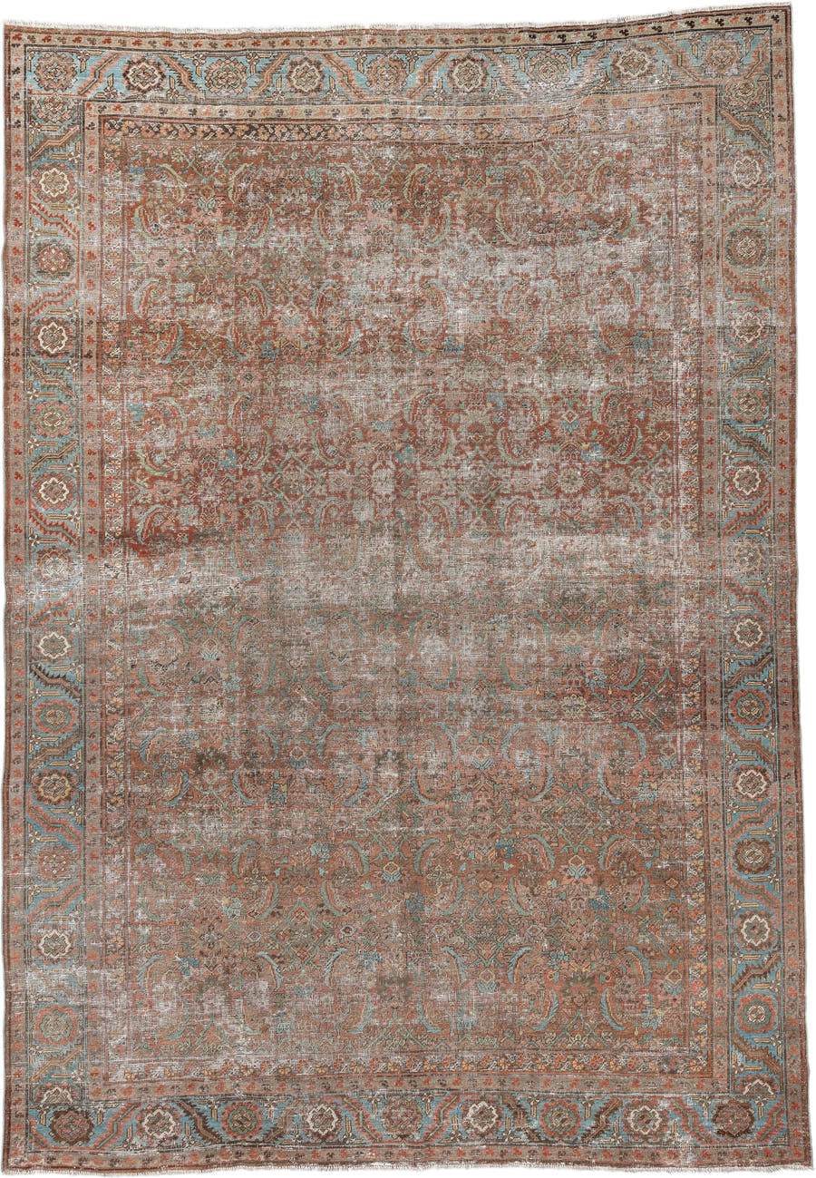 7' x 10' one-of-a-kind handmade vintage Bakhshayesh large size rug. Color palette: terracotta, sky blue, ivory, taupe, rust