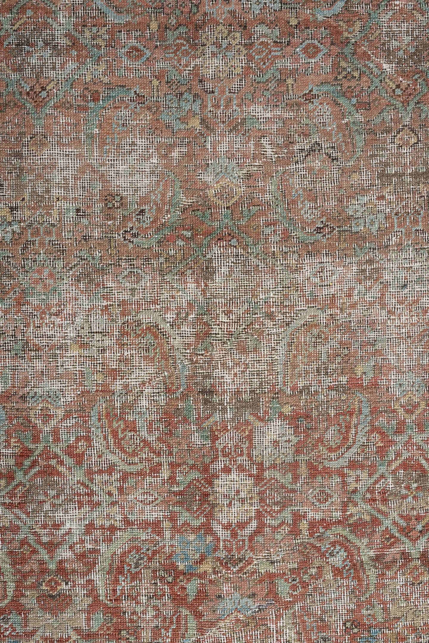 7' x 10' one-of-a-kind handmade vintage Bakhshayesh large size rug. Color palette: terracotta, sky blue, ivory, taupe, rust